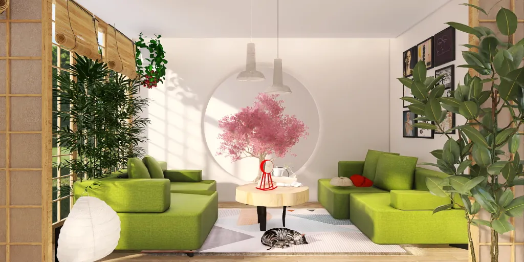 a living room with a green plant and a red couch 