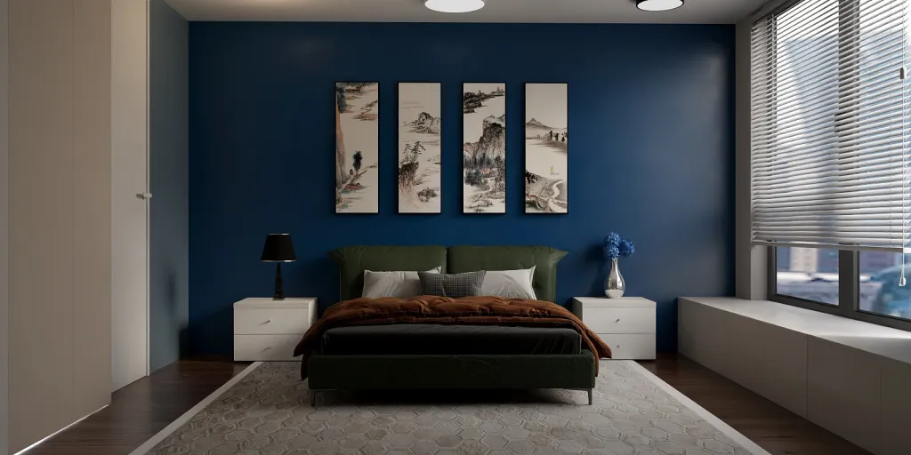 a bed with a blue and white bedspread and a painting on the wall 