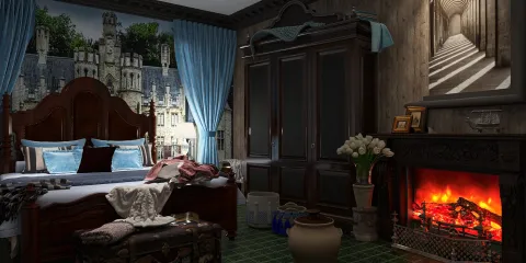 luxurious bedroom design featuring a vintage wooden bed and wardrobe, creating a classic atmosphere with an elegant wall mural, showcasing Homestyler's real-time 3D rendering for interior design visualization.