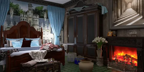 luxurious bedroom with elegant wooden furniture showcasing a classic design style, featuring a real-time 3D rendering by Homestyler to visualize interior decor options.