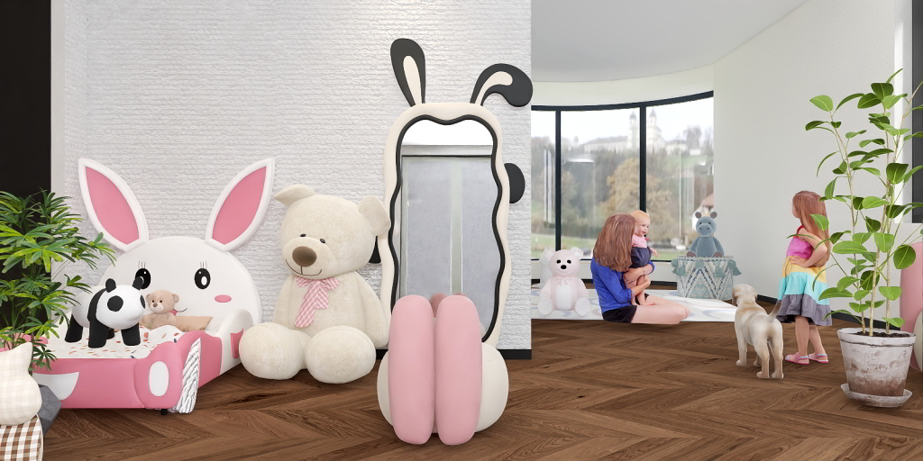 a room with a teddy bear, a stuffed animal, and a stuffed animal statue 