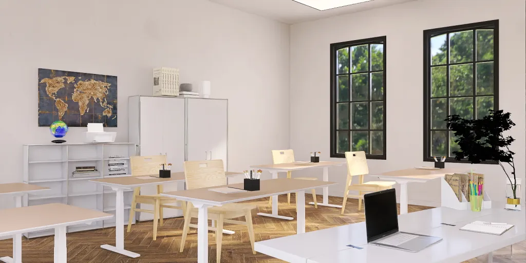 a large room with a table, chairs, and a table with a laptop 