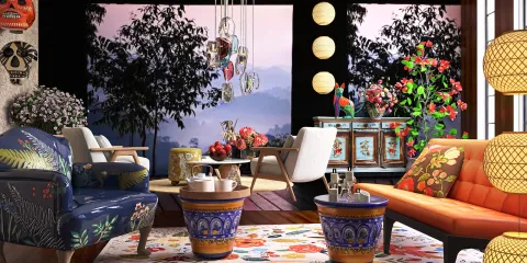 colorful living room with artistic furniture arrangement showcasing a vibrant design style and outdoor view, utilizing Homestyler's real-time 3D rendering feature for dynamic interior decor visualization.