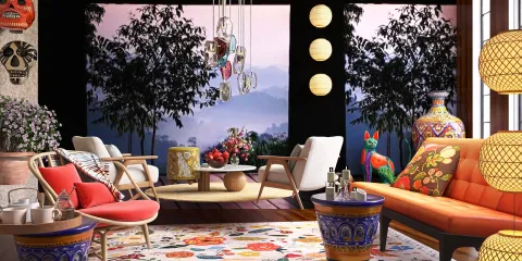 vibrant living room with decorative furnishings featuring nature-themed wallpaper, showcasing a cozy bohemian style, highlighting interior decor creativity with Homestyler's real-time 3D rendering feature.