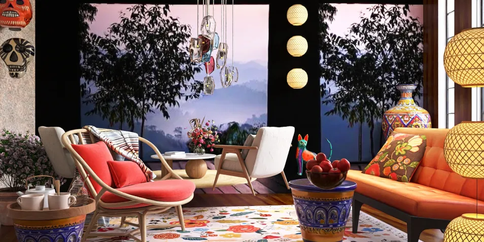 colorful living room design showcasing vibrant furniture arrangement with a bohemian style, enhancing the comfort and aesthetics of the space; featuring Homestyler's real-time 3D rendering for a preview of decoration effects.