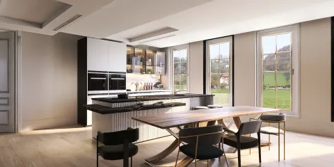modern kitchen design featuring a spacious layout with a sleek dining table and chairs, designed with smart furniture arrangement for optimal small space utilization, showcasing Homestyler's real-time 3D rendering capability.