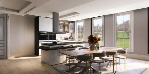 modern kitchen design featuring a sleek dining table arrangement in an elegant style, showcasing interior decor elements; powered by Homestyler's real-time 3D rendering for quick design previews.