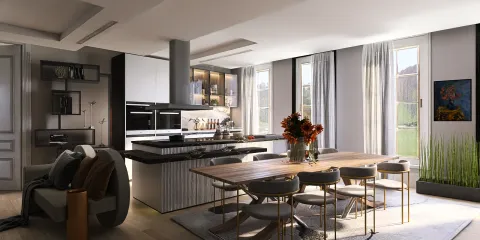 Modern kitchen design featuring a spacious dining area with a wooden table and elegant chairs, showcasing a contemporary aesthetic and optimized layout using Homestyler's intelligent furniture arrangement feature.