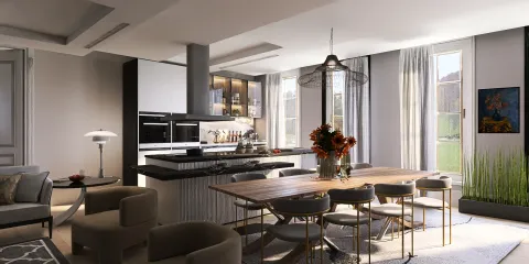 modern kitchen with dining area featuring a wooden table, showcasing an open layout design, emphasizing contemporary style, utilizing Homestyler's real-time 3D rendering for instantaneous design visualization