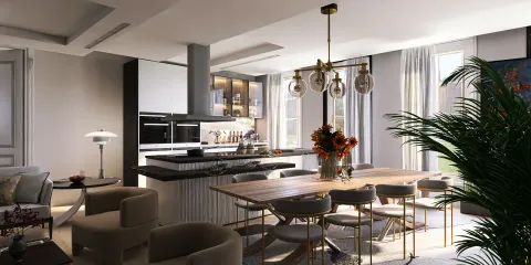 Stylish kitchen with elegant dining area showcasing modern furniture arrangement and decor elements, emphasizing interior design with Homestyler's real-time 3D rendering feature.