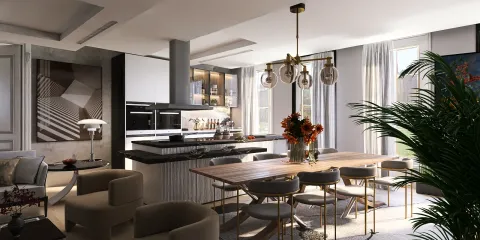 modern kitchen design featuring spacious dining area with elegant wooden table and stylish chairs, showcasing a contemporary decor style and utilizing Homestyler's real-time 3D rendering feature to visualize the interior layout.