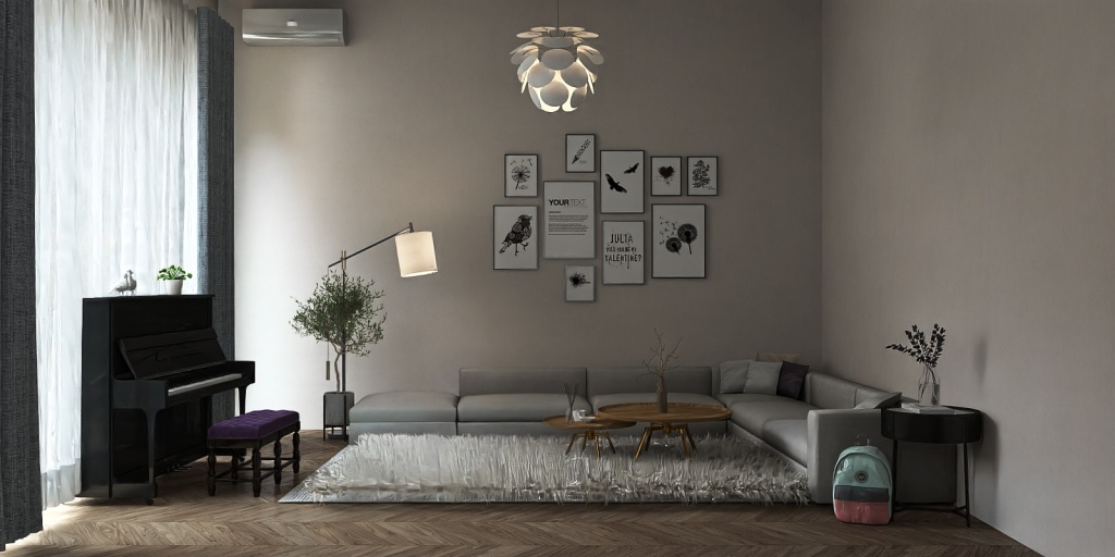 a living room with a bed, a lamp, and a wall mounted wall mounted wall mounted wall