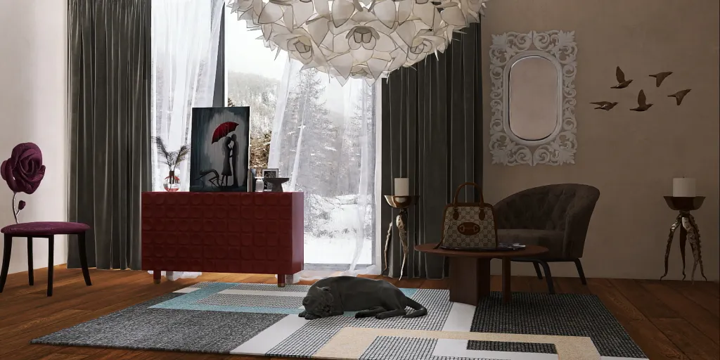 a cat laying on a rug in a living room 