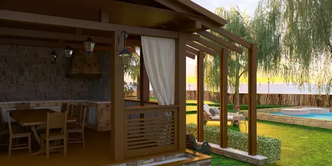 outdoor dining area with wooden structure featuring a table and chairs, designed for relaxation, showcasing modern rustic style, highlighting Homestyler's real-time 3D rendering feature.