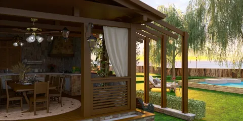 charming wooden patio with outdoor dining and relaxation area designed in a rustic style, showcasing the Homestyler's real-time 3D rendering feature for an effective home renovation preview.
