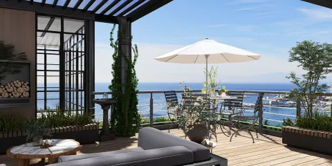 Outdoor terrace with furniture arrangement showcasing modern design and coastal view, featuring Homestyler's real-time 3D rendering for enhanced visual representation.