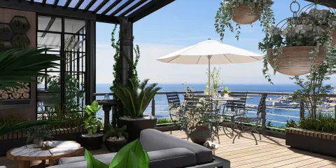 outdoor terrace design featuring a modern furniture arrangement with lush greenery and ocean view, utilizing Homestyler's real-time 3D rendering for immersive visualization.