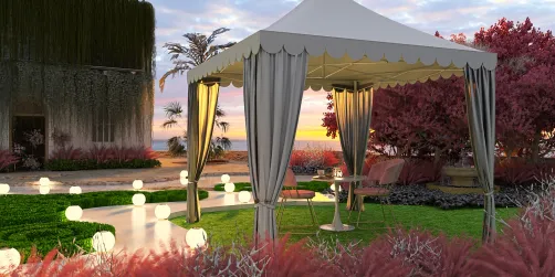 outdoor gazebo design featuring a tent with elegant drapes and soft lighting, creating a cozy atmosphere in a landscaped garden, showcasing Homestyler's real-time 3D rendering feature for visualizing outdoor spaces.