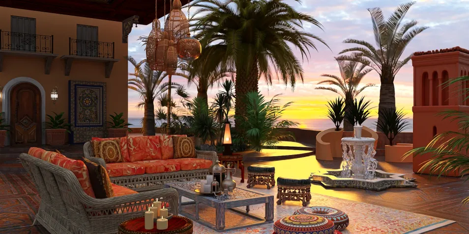 Beautiful outdoor patio featuring a cozy seating area with an intricate design, showcasing a sunset view, emphasizing relaxing outdoor living space, utilizing Homestyler's real-time 3D rendering.