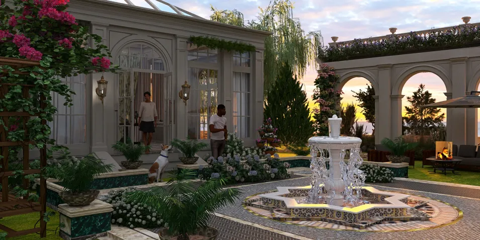 a beautiful garden featuring a central fountain surrounded by lush greenery and elegant architecture, showcasing outdoor design elements in a luxurious style, utilizing Homestyler's real-time 3D rendering feature for detailed visualization.