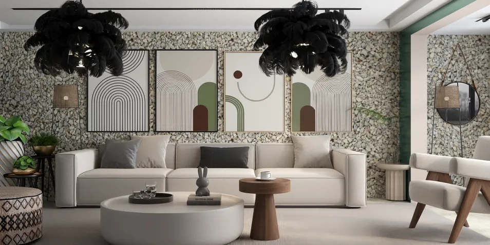 modern living room featuring a stylish sofa arrangement with decorative wall art and contemporary lighting, showcasing interior design concepts, utilizing Homestyler's real-time 3D rendering functionality for an efficient design preview.