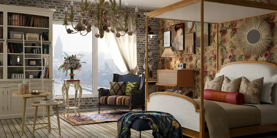 Cozy bedroom with floral wallpaper and rustic wooden floor, showcasing a vintage four-poster bed and elegant furnishings for a sophisticated interior design. Includes Homestyler's real-time 3D rendering feature for effective design presentation.