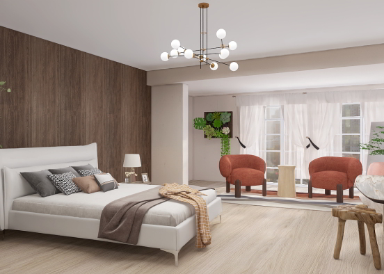 Warm mid century cozy bedroom Design Rendering