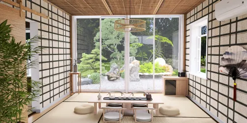 Modest Japanese tea room with a garden view 