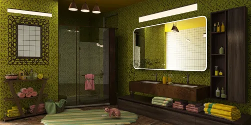 Pink, Yellow, Brown, Green Bathroom
