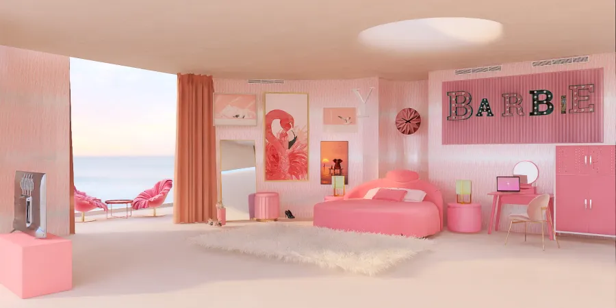 a room with a pink bed and a pink wall 