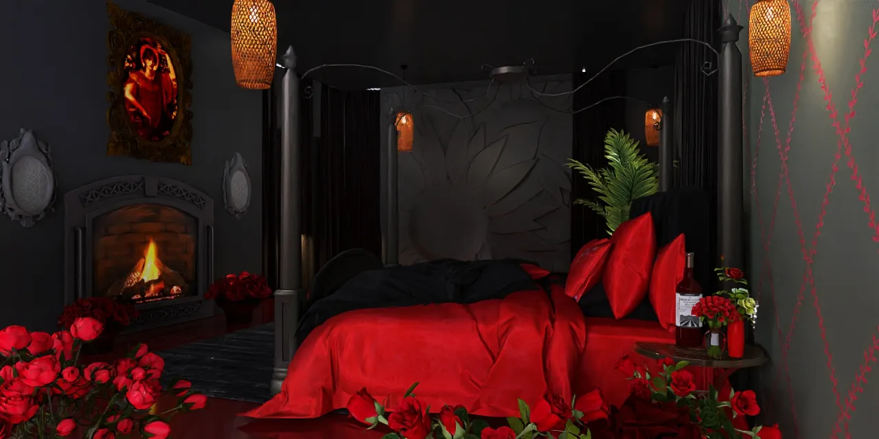a bed with a red blanket and a red candle 