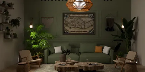 Cozy green living room featuring a modern sofa arrangement, emphasizing a tropical style with natural materials, showcasing interior decor ideas for creating a relaxing atmosphere using Homestyler's real-time 3D rendering.