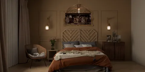 cozy bedroom decor featuring a woven headboard and ambient lighting, styled in a modern bohemian aesthetic, showcasing interior design with Homestyler's real-time 3D rendering for effective design proposal presentation.