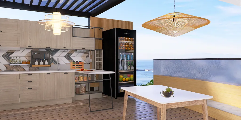 a kitchen with a refrigerator, a table and a table top 