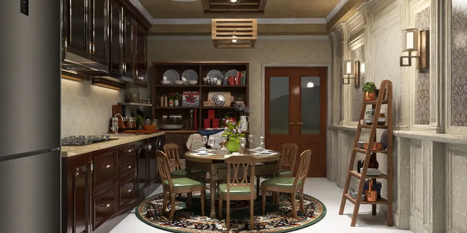 kitchen design featuring a modern dining table setup with elegant wooden chairs, showcasing a cozy rustic style, emphasizing space efficiency; utilizing Homestyler's real-time 3D rendering feature for detailed visualization.