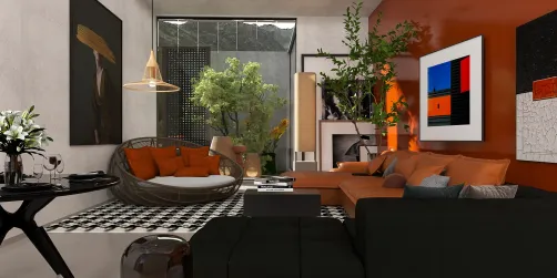 Modern living room with vibrant orange accents and lush greenery, featuring a cozy seating area and artistic wall decor, designed using Homestyler's real-time 3D rendering for a stunning interior design preview.
