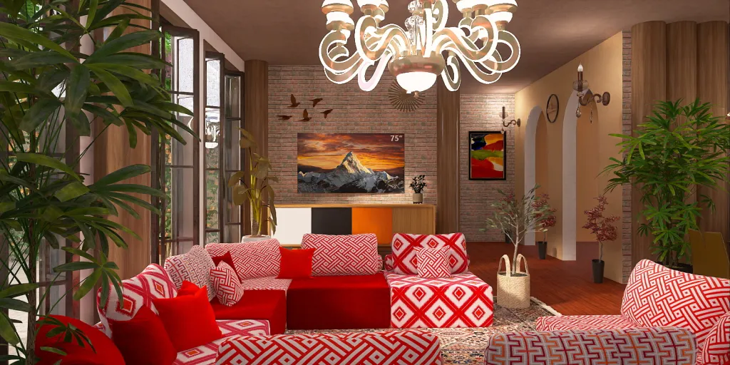a living room with a red couch and a red table 