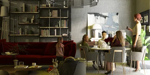 group of people engaging in conversation around a dining table in a modern living room, showcasing an interior design concept with cozy elements; highlighting Homestyler's real-time 3D rendering feature.