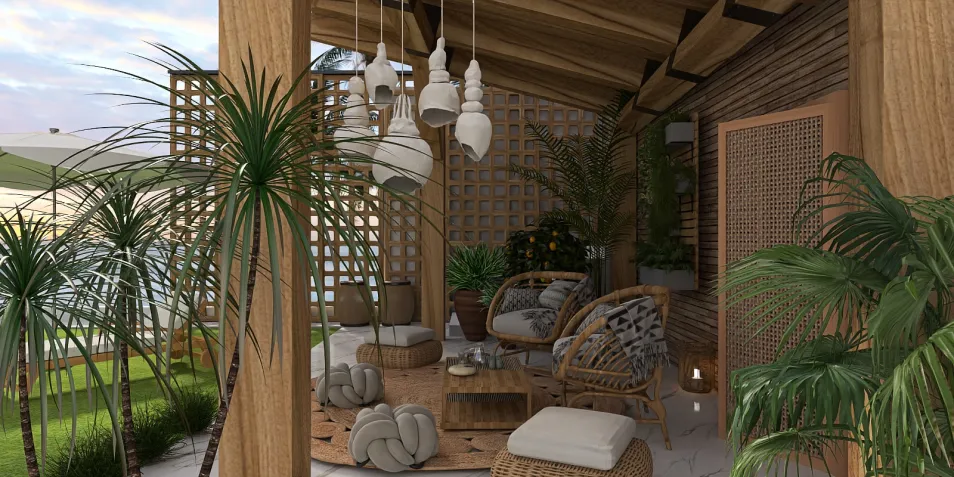 A cozy outdoor living space featuring wicker furniture and hanging pendant lights, designed in a bohemian style, perfect for relaxation and social gatherings, utilizing Homestyler's real-time 3D rendering feature.