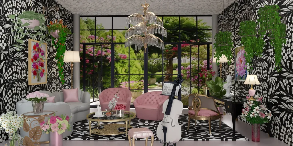 a room with a table, chairs, and flowers 