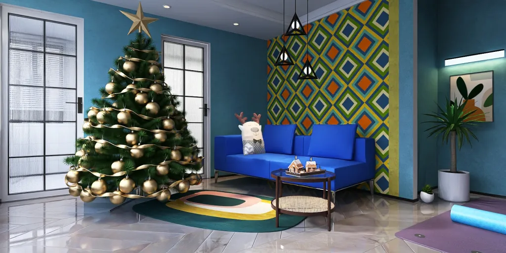 a green room with a blue couch and blue rug 