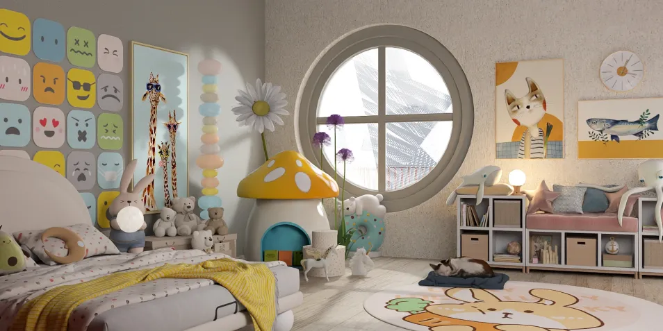 Colorful children's bedroom featuring playful furniture arrangement in a whimsical style with ample space for relaxation and creativity; utilizing Homestyler's real-time 3D rendering for design preview.
