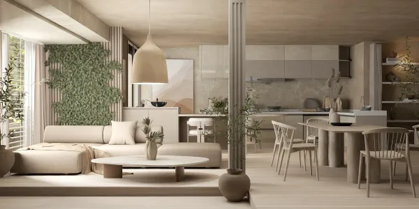 modern living room with light-colored furniture and a cozy sofa, featuring an open kitchen area in a minimalist style, highlighting interior decor using Homestyler's real-time 3D rendering for effective design visualization.