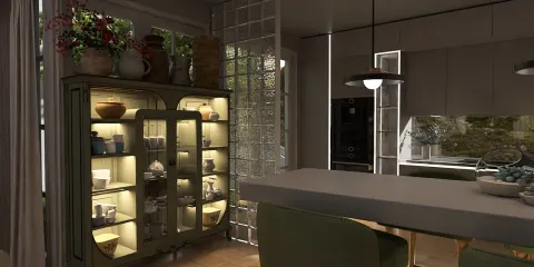 kitchen cabinet displaying decorative items and table set for dining in a modern style, showcasing interior design with Homestyler's real-time 3D rendering feature.