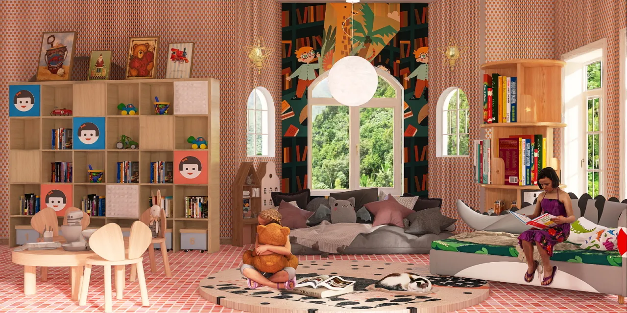 a living room filled with furniture and a small child 