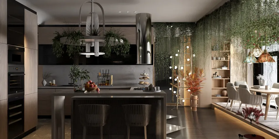modern kitchen featuring smart furniture arrangement with a focus on indoor plants and natural light, showcasing the homestyler's 3D rendering capability for enhancing interior decor ideas.