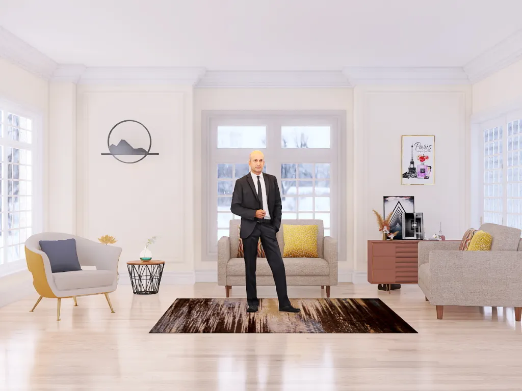 a man in a suit and tie standing in a living room 