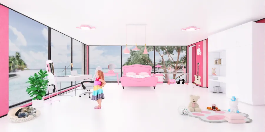 a living room with a pink wall and a pink floor 