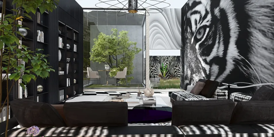 modern living room with tiger mural showcasing bold design elements and natural light, highlighting interior decor optimization using Homestyler's real-time 3D rendering feature