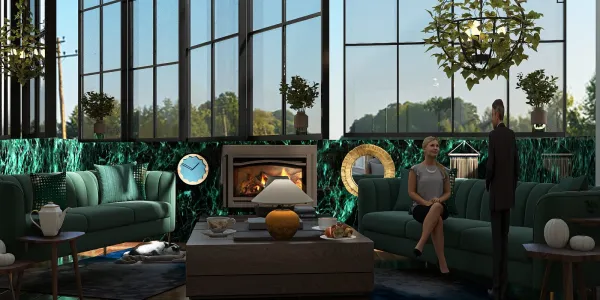 Modern living room design featuring stylish sofas and elegant decor, showcasing a serene atmosphere with large windows, utilizing Homestyler's real-time 3D rendering feature to preview the interior layout.